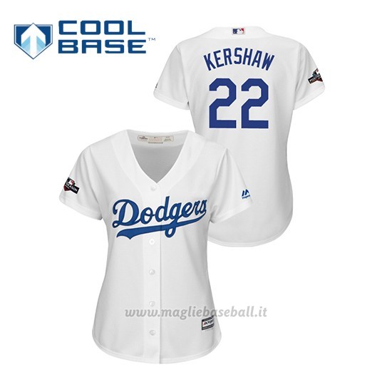 Maglia Baseball Donna Los Angeles Dodgers 22 Clayton Kershaw 2019 Postseason Cool Base Bianco